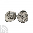 Lycia - Trbbenimi - Triskele AR 1/3 Stater 390-375 B.C. Obv: facing lion's scalp. Rev: Lycian script Trbbenimi around triskeles rotating left, all wit...