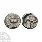 Lycia - Trbbenimi - Lion Scalp AR 1/3 Stater 390-370 B.C. Obv: facing lion scalp. Rev: Lycian script TRB-BWNE-ME around triskeles rotating left, withi...