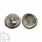 Byzantium Thrace - AR Hemidrachm 387-340 B.C. Obv: YPY above forepart of bull left on dolphin, monogram below off flan. Rev: ornamented trident head. ...