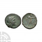 Elis - Peloponnesos - Zeus Bronze 200-190 B.C. Obv: laureate head of Apollo right. Rev: F - A across fields (Latin F) with Zeus striding right, wieldi...