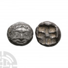 Mysia - Parion - Gorgoneion AR drachm 475 B.C. Obv: head of gorgoneion facing. Rev: linear cross-like shape in incuse. SNG France 1349; Rosen Coll. 52...