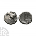 Byzantium Thrace - AR Hemidrachm 387-340 B.C. Obv: YPY (YP ligate) above forepart of bull left on dolphin, angled MI monogram below. Rev: trident head...