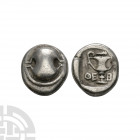 Thebes - Boeotia - Shield AR Hemidrachm 425-375 B.C. Obv: Boeotian shield. Rev: kantharos, with OE - B across fields; club above, within incuse square...