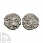 Parthia - Phraates IV - AR Drachm 38-2 B.C. Obv: profile bust left with star over crescent to right and eagle to right. Rev: seated archer with inscri...