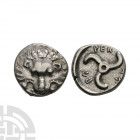 Perikles - Lion Scalp AR 1/3 Stater 380-360 B.C. Obv: facing lion scalp. Rev: Lycian script: PE-REK-LE around triskeles rotating left, within incuse c...