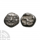 Mysia - Parion - Gorgoneion AR drachm 475 B.C. Obv: head of gorgoneion facing. Rev: linear cross-like shape in incuse. SNG France 1349; Rosen Coll. 52...