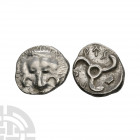 Puresi - Lycia - Triskeles AR 1/3 Stater 380-360 B.C. Obv: facing lion's scalp. Rev: Lycian script PYRESI around triskeles rotating left, all within i...