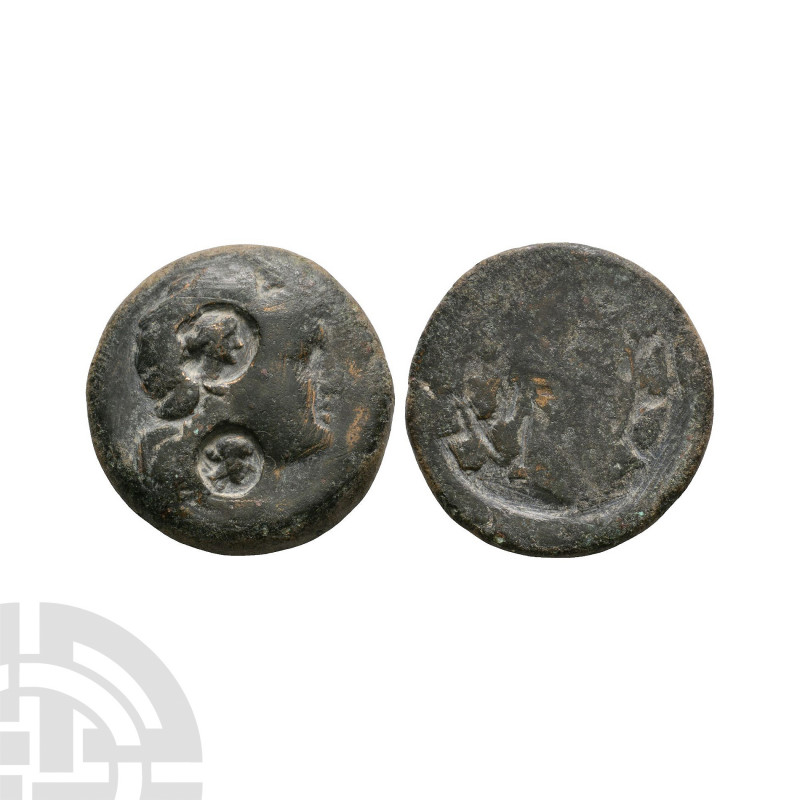 AE Unit with Countermarks 3rd century B.C. or later. Obv: profile bust right; wi...