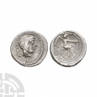 M Porcius Cato - Victory AR Quinarius 89 B.C. Rome mint. Obv: ivy-wreathed Bacchus head (or Liber) right; control mark K below. Rev: Victory seated ri...