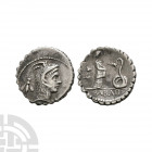L Roscius Fabatus - Juno Sospita AR Denarius Serratus 64 B.C. Rome mint. Obv: L ROSCI (off flan) below head of Juno Sospita right with symbol behind. ...