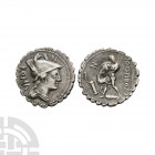 C Poblicius Q f - Hercules and Numean Lion AR Denarius Serratus 80 B.C. Rome mint. Obv: helmetted and draped bust of Roma right with ROMA behind and N...