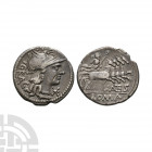 L Antestius Gragulus - Jupiter AR Denarius 136 B.C. Rome mint. Obv: helmetted head of Roma right with XVI (in monogram) below chin and GRAG behind. Re...