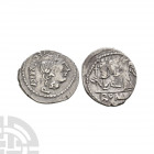 C Egnatuleius C f - Victory AR Quinarius 97 B.C. Rome mint. Obv: C EGNATVLEI C F legend with name in monogram with laureate bust of Apollo right; Q be...