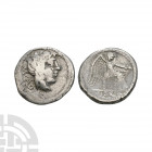 M Porcius Cato - Victory AR Quinarius 89 B.C. Rome mint. Obv: head of young Bacchus right with M CATO (AT in monogram) behind, R below. Rev: Victory s...
