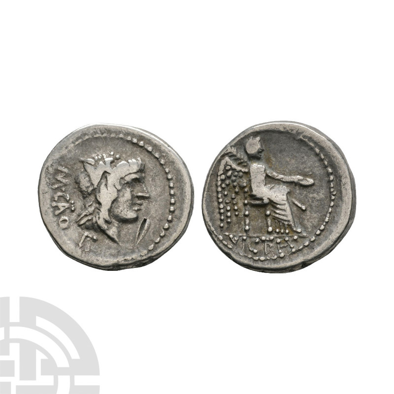 M Porcius Cato - Victory AR Quinarius 89 B.C. Rome mint. Obv: head of young Bacc...