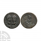 Gordian III and Tranquillina - Singara - Tyche Bronze 243-244 AD. Obv: AYTOK K M ANT GORDIANOC CAB TRANKYLLINA CEB legend with laureate and cuirassed ...