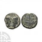 Augustus and Agrippa - Crocodile AE Dupondius After 16-15 B.C. Nemaussus mint. Obv: IMP DIVI F legend with back to back busts of Augustus right and Ag...