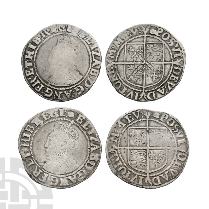 Elizabeth I - Shillings [2] 1592-1595 A.D. Sixth issue. Obvs: profile bust with ...