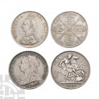 Victoria - 1887, 1895 - Double Florin and Crown [2] Dated 1887 and 1895 A.D. Double florin, Jubilee head, 1887 (Arabic 1 in date); with crown, old hea...
