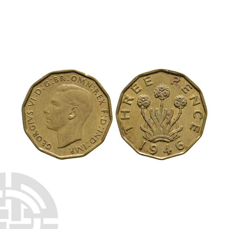 George VI - 1946 - Brass Threepence Dated 1946 A.D. First issue. Obv: profile bu...