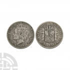 Spain - Alphonso XIII - 1893 PG-L - Peseta Dated 1893 A.D. Obv: profile bust with date below flanked by stars with incuse 18-93 and ALFONSO XIII POR L...
