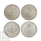 Germany - 1972 - Munich Olympics - Silver 10 Marks [2] Dated 1972 A.D. Hamburg mint. Obv: eagle with 'J' mintmark below right and BUNDESREPUBLIK DEUTS...