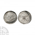 Germany - Abbey of Selz - Abbey Pfennig 12th century A.D. Obv: profile bust holding crozier. Rev: facade of abbey. See Nessel. 0.91 grams. . Property ...