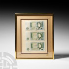 Framed Somerset 1 pound Notes [3] 20th century A.D. Somerset 1 pound banknotes, serial numbers CN42 608219, CZ48 129529-129530; held in glazed display...
