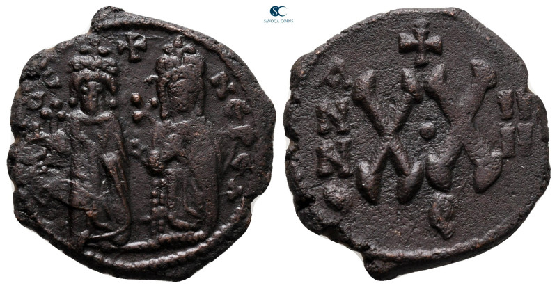 Phocas, with Leontia AD 602-610. Theoupolis (Antioch)
Half Follis or 20 Nummi Æ...