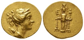 IONIA. Ephesos. Circa 122/1-121/0. Stater (Gold,  Draped bust of Artemis to right, wearing stephane and pendant earring and with her quiver and bow ov...