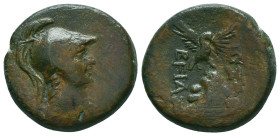 CAPPADOCIA, Caesarea-Eusebia. Æ . Struck under Ariobarzanes I, circa 95-63 BC. Helmeted bust of Athena right, wearing aegis / Eagle alighting right on...