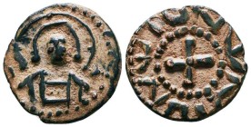 CRUSADERS, Edessa. Joscelin I de Courtenay or Joscelin II. 1119-1150. Æ Follis. Facing bust of Christ Pantocrator / [IЄVS]ЄΛ(IИ), cross pattée. Metcal...