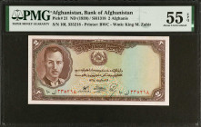 AFGHANISTAN. Bank of Afghanistan. 2 Afghanis, ND (1939). P-21. PMG About Uncirculated 55 EPQ.
Estimate $75.00 - $100.00