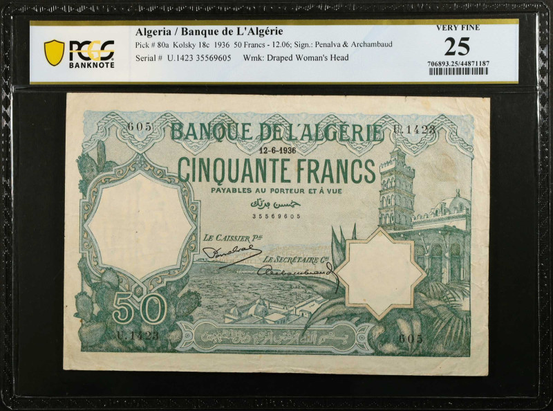 ALGERIA. Banque de l'Algerie. 50 Francs, 1936. P-80a. PCGS Banknote Very Fine 25...