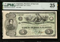 ARGENTINA. El Cobierno de la Provencia de San Luis. 5 Pesos, 1871. P-S1396. PMG Very Fine 25.
PMG comments "Stains Lightened".
Estimate $700.00 - $1...