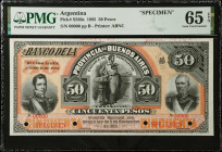 ARGENTINA. Banco de La Provincia De Buenos Aires. 50 Pesos, 1885. P-S566s. Specimen. PMG Gem Uncirculated 65 EPQ.
PMG comments "Printer's Annotations...