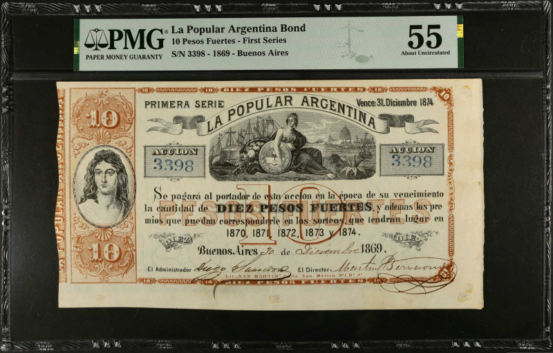 ARGENTINA. La Popular Argentina Bond. 10 Pesos Fuertes, 1869. P-Unlisted. PMG Ab...