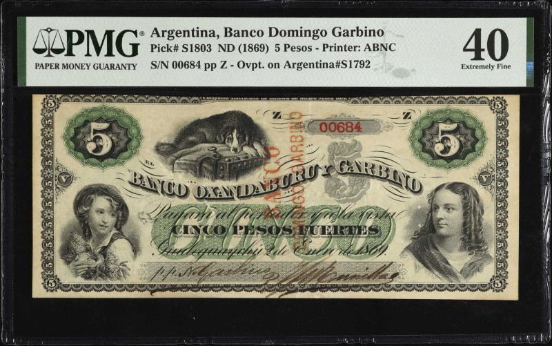 ARGENTINA. El Banco Oxandaburu y Garbino. 5 Pesos, ND (1869). P-S1803. PMG Extre...