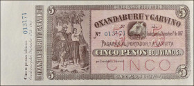 ARGENTINA. Banco Oxandaburu y Garvino. 5 Pesos Bolivianos, 1867. P-S1776r. Remainder. Extremely Fine.
Pinholes.
Estimate $75.00 - $150.00