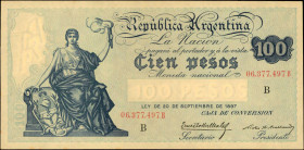 ARGENTINA. Caja de Conversión. 100 Pesos, ND (1909-35). P-247b. About Uncirculated.
Light spotting is noticed in the margins.
Estimate $200.00 - $30...