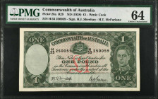 AUSTRALIA. Commonwealth Bank of Australia. 1 Pound, ND (1938). P-26a. PMG Choice Uncirculated 64.
Estimate $500.00 - $1000.00
