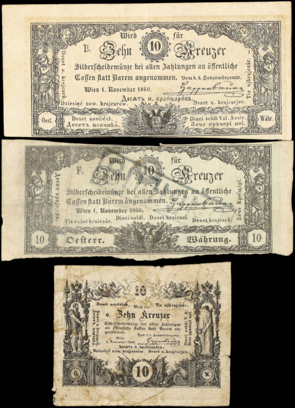 AUSTRIA. Lot of (3). K.u.K. Hauptmunzamt. 10 Kreuzer, 1860. P-A93, A94 & A95. Fi...