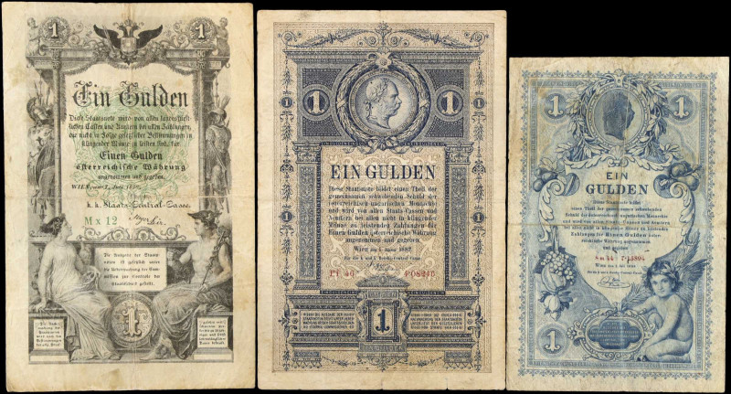 AUSTRIA. Lot of (3). Mixed Banks. 1 Gulden, 1866-88. P-A150, A153 & A156. Fine....