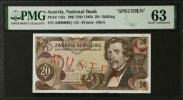 AUSTRIA. Oesterreichische Natonalbank. 20 Shilling, 1967 (ND 1968). P-142s. Specimen. PMG Choice Uncirculated 63.
PMG comments "Minor Rust".
Estimat...