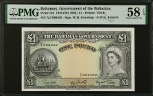 BAHAMAS. The Bahamas Government. 1 Pound, 1936 (1953). P-15d. PMG Choice About Uncirculated 58 EPQ.
Printed by TDLR. Signature combination of W.H. Sw...