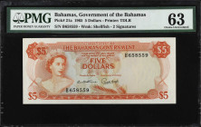 BAHAMAS. Government of the Bahamas. 5 Dollars, 1965. P-21a. PMG Choice Uncirculated 63.
PMG comments "Tear."
Estimate $200.00 - $400.00
