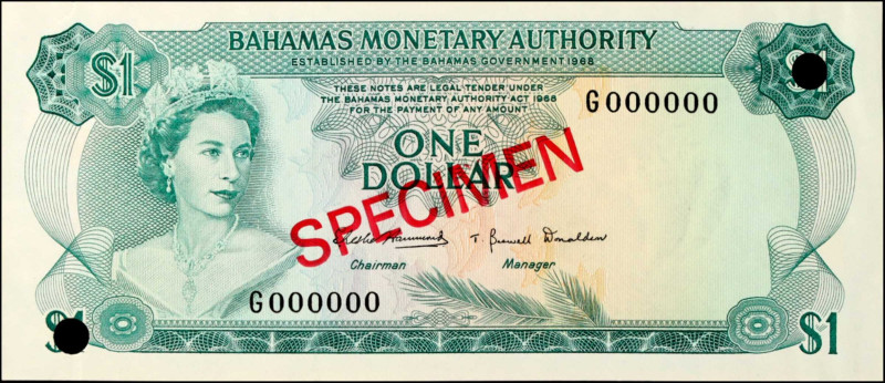 BAHAMAS. Bahamas Monetary Authority. 1 Dollar, 1968. P-27s. Specimen. Uncirculat...