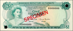 BAHAMAS. Bahamas Monetary Authority. 1 Dollar, 1968. P-27s. Specimen. Uncirculated.
Estimate $150.00 - $250.00