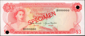 BAHAMAS. Bahamas Monetary Authority. 3 Dollars, 1968. P-28s. Specimen. Uncirculated.
Estimate $150.00 - $200.00
