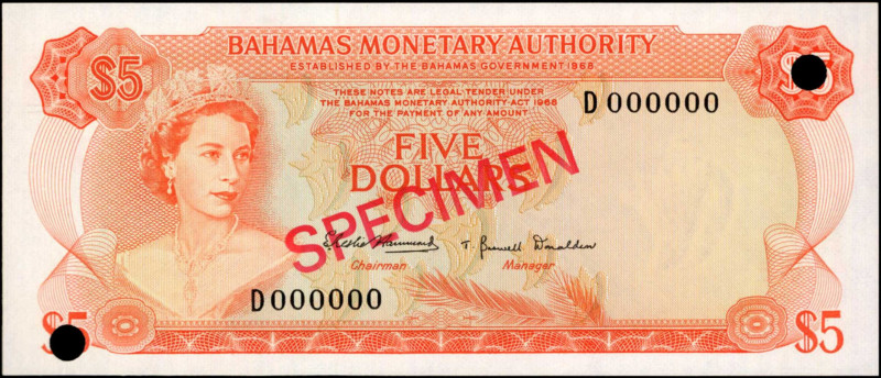 BAHAMAS. Bahamas Monetary Authority. 5 Dollars, 1968. P-29s. Specimen. Uncircula...